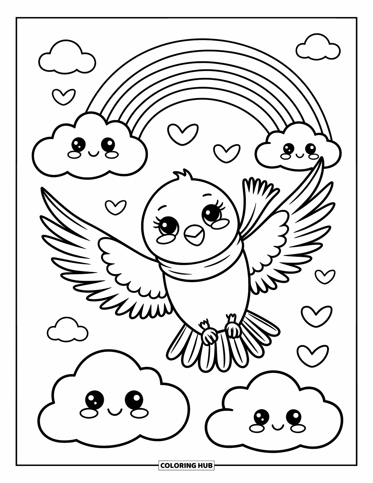 Falcon Coloring Page for Adults: Falcon with a scarf flies joyfully among smiling clouds and little birds