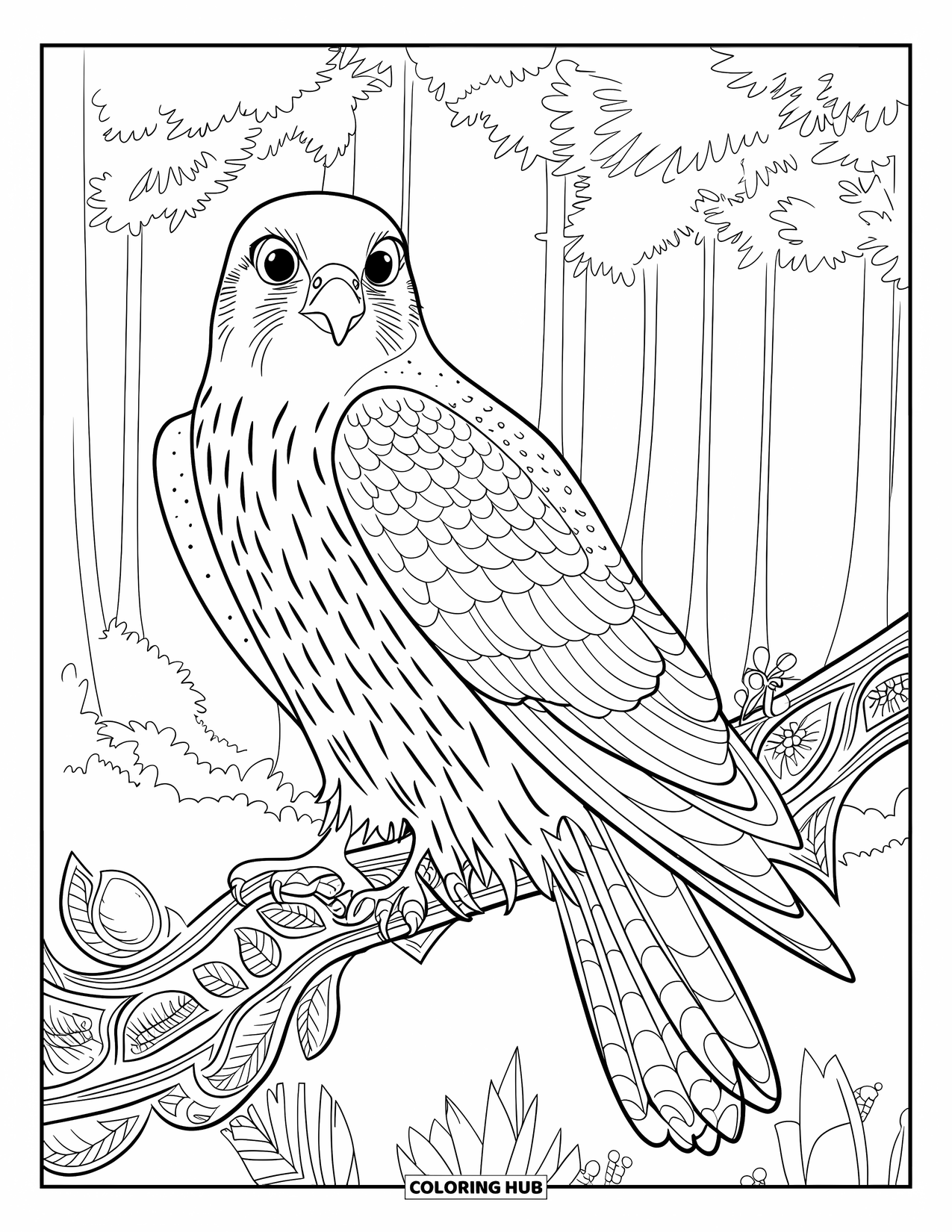 Falcon Coloring Page for Adults: Falcon with folded wings sits among flowers and leafy branches in the forest