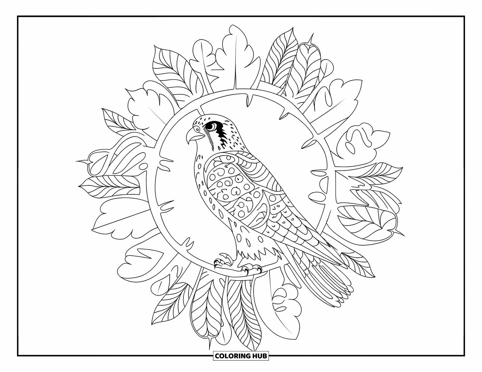 Falcon Coloring Page for Adults: Falcon with open eyes sits calmly within a forest mandala of trees and branches