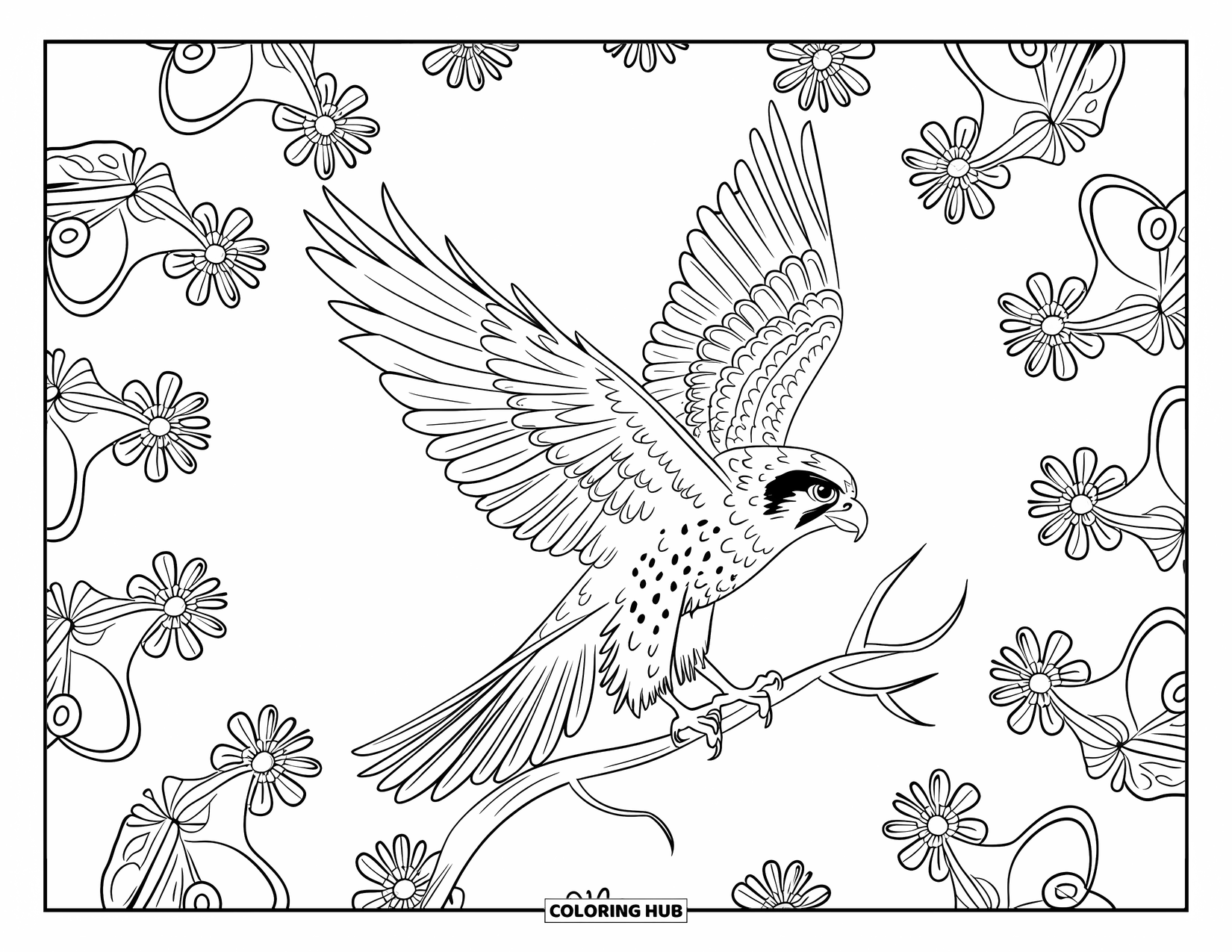 Falcon Coloring Page for Adults: Focused falcon perches on a branch with spiraling wildflowers behind