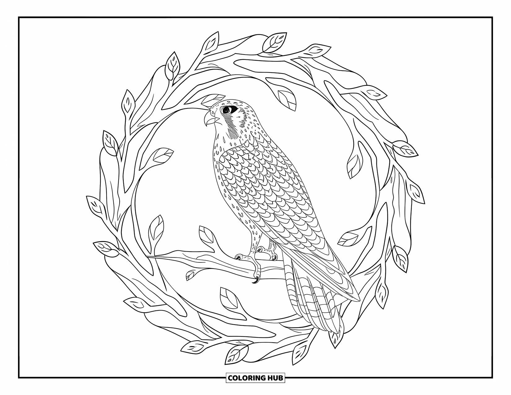 Falcon Coloring Page for Adults: Side-view falcon perches inside a leafy forest mandala circle