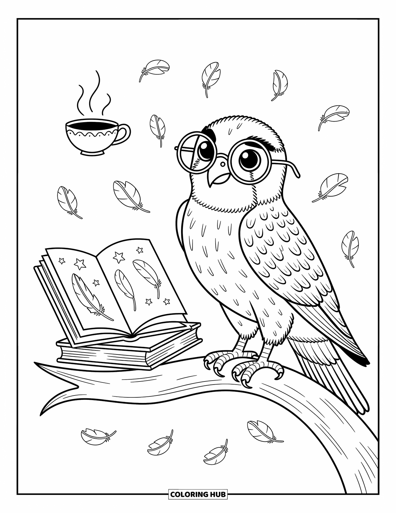 Falcon Coloring Page for Adults: Thoughtful falcon in glasses rests by books and a steamy feather-shaped teacup