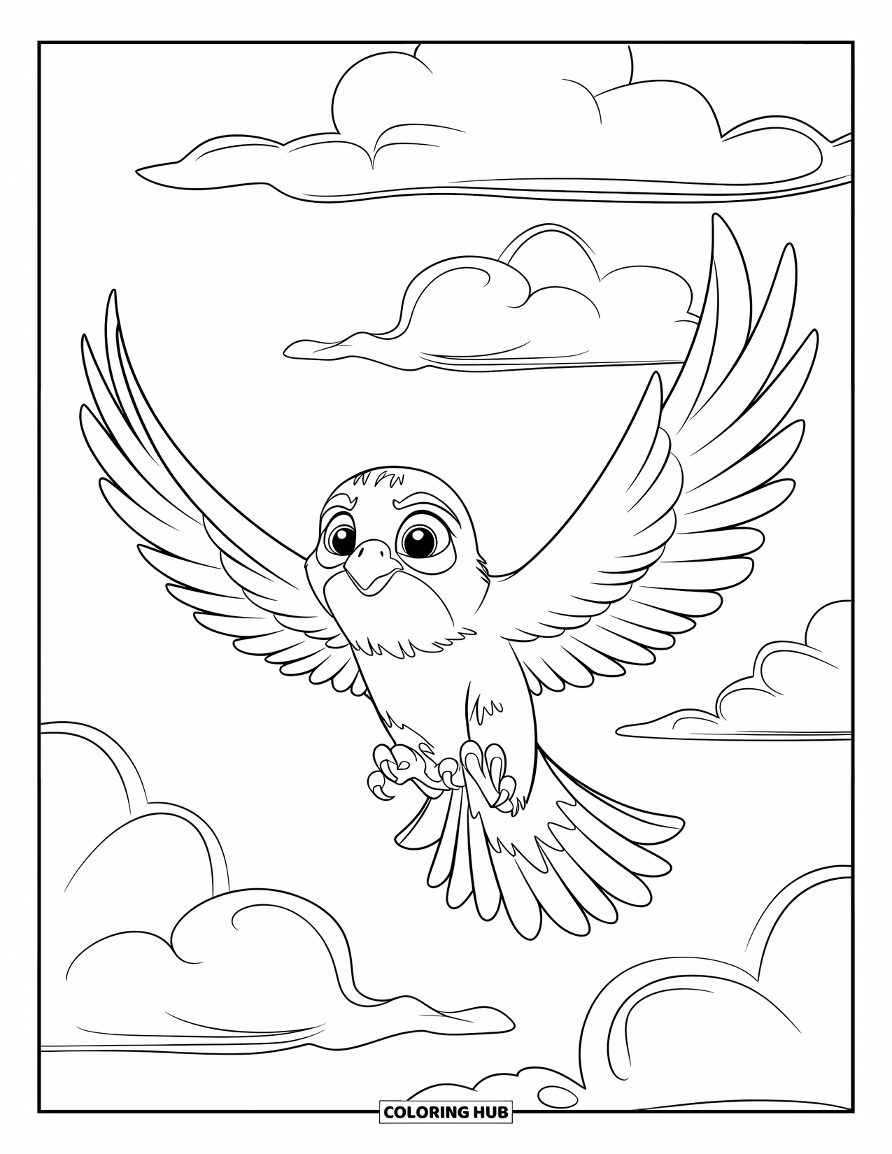 Falcon Coloring Page for Kids: Adorable falcon flies among fluffy, soft cloud shapes