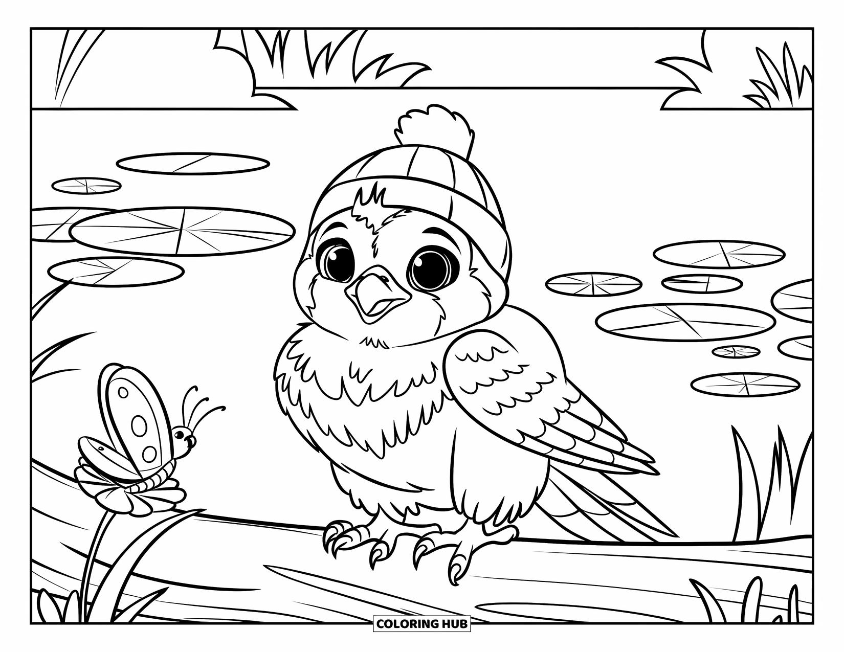 Falcon Coloring Page for Kids: Baby falcon with a tiny hat rests near a flower and butterfly