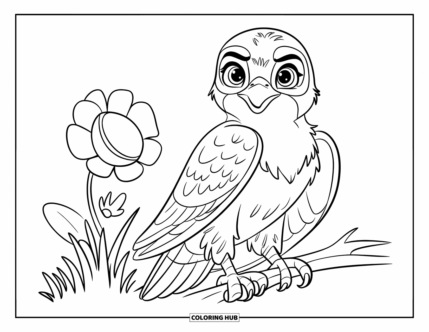 Falcon Coloring Page for Kids: Baby falcon with big eyes sits beside a flower and grass