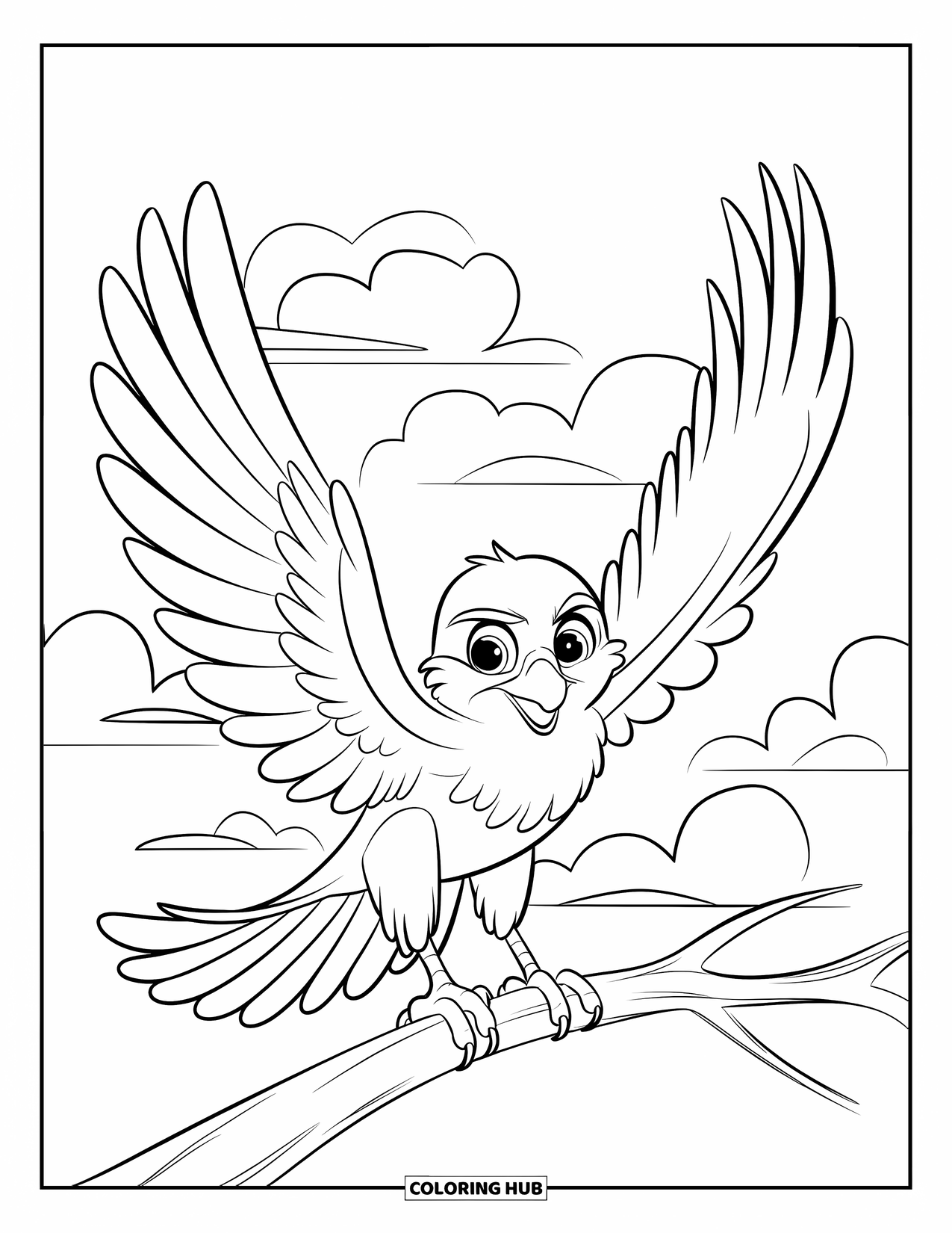 Falcon Coloring Page for Kids: Cheerful falcon flies past fluffy clouds in the sky