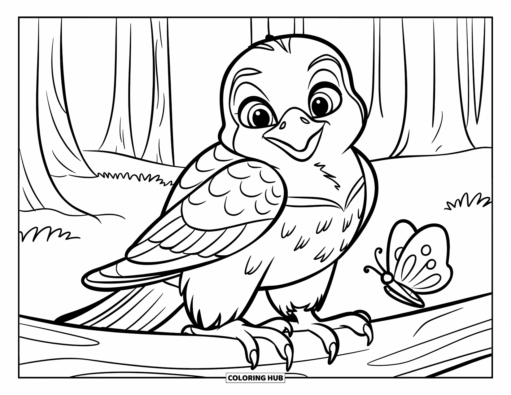 Falcon Coloring Page for Kids: Chubby baby falcon sits on a log beside a butterfly