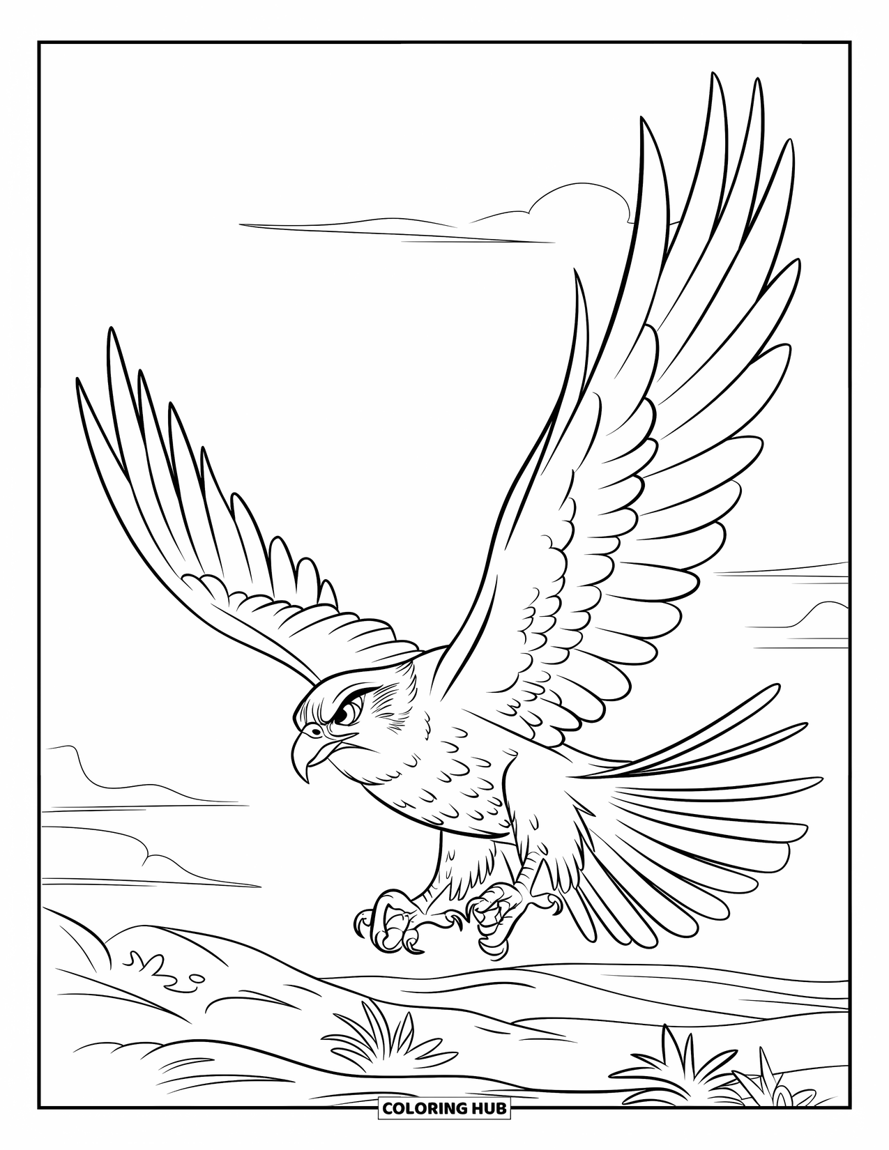 Falcon Coloring Page for Kids: Falcon dives toward the rocky ground with fierce focus