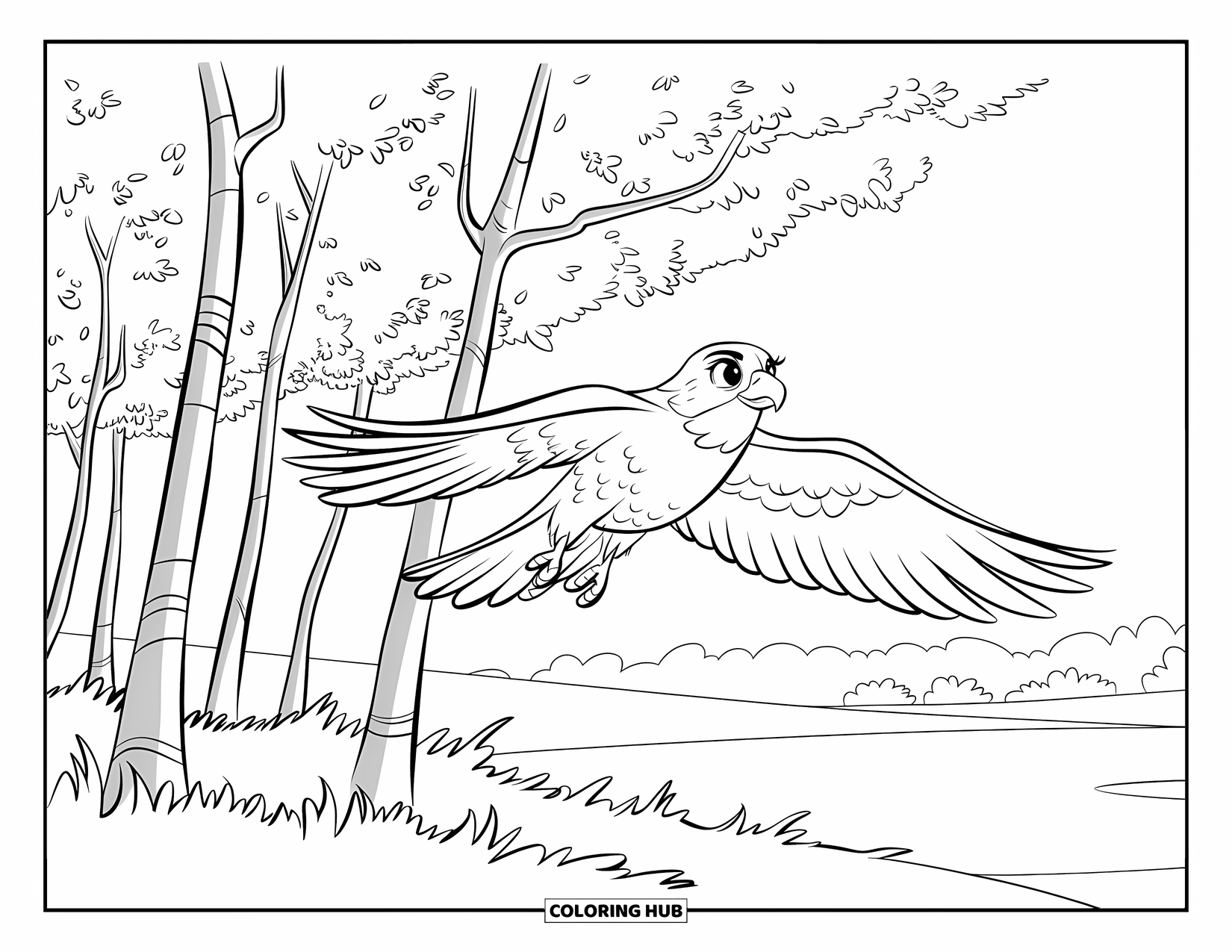Falcon Coloring Page for Kids: Falcon glides through breezy trees across a grassy, open field