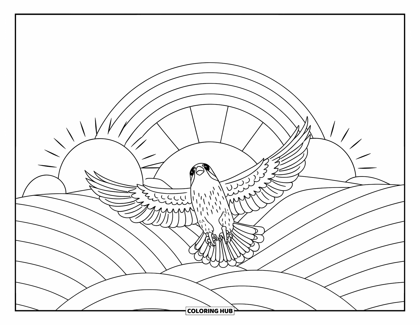 Falcon Coloring Page for Kids: Falcon glides through rainbow skies over gently rolling hills