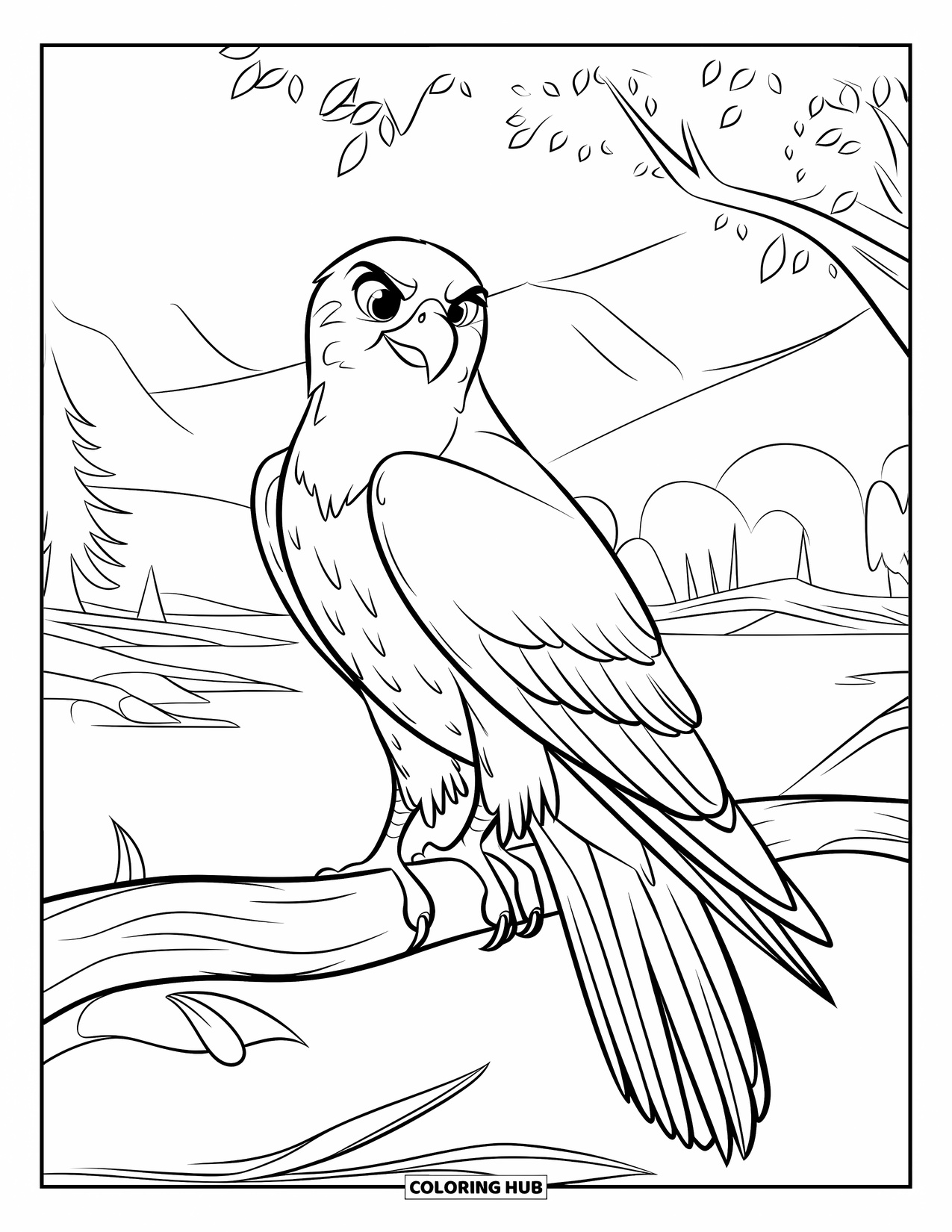 Falcon Coloring Page for Kids: Falcon perched on branch looks out over water and trees