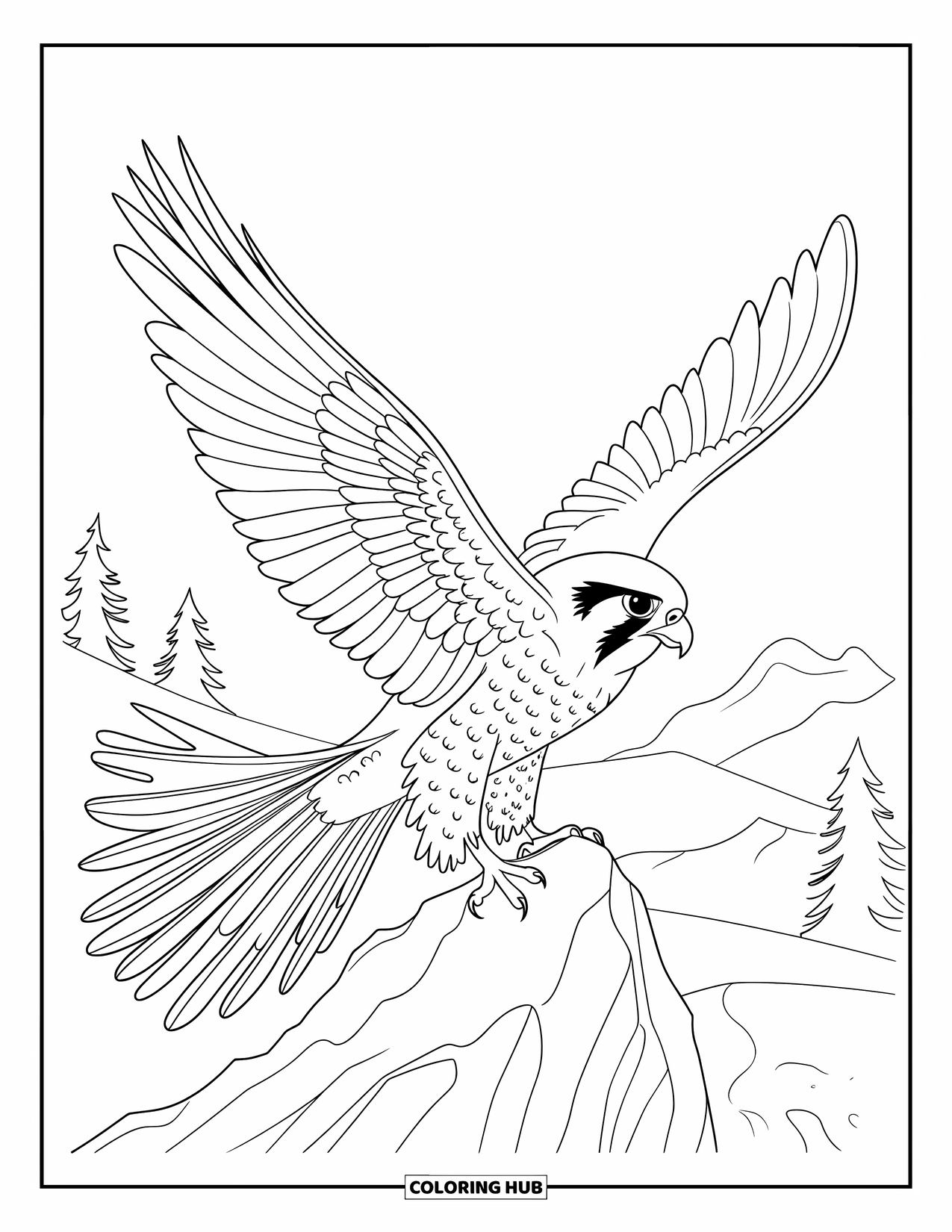 Falcon Coloring Page for Kids: Falcon perches on rocky ledge, wings wide and feathers detailed