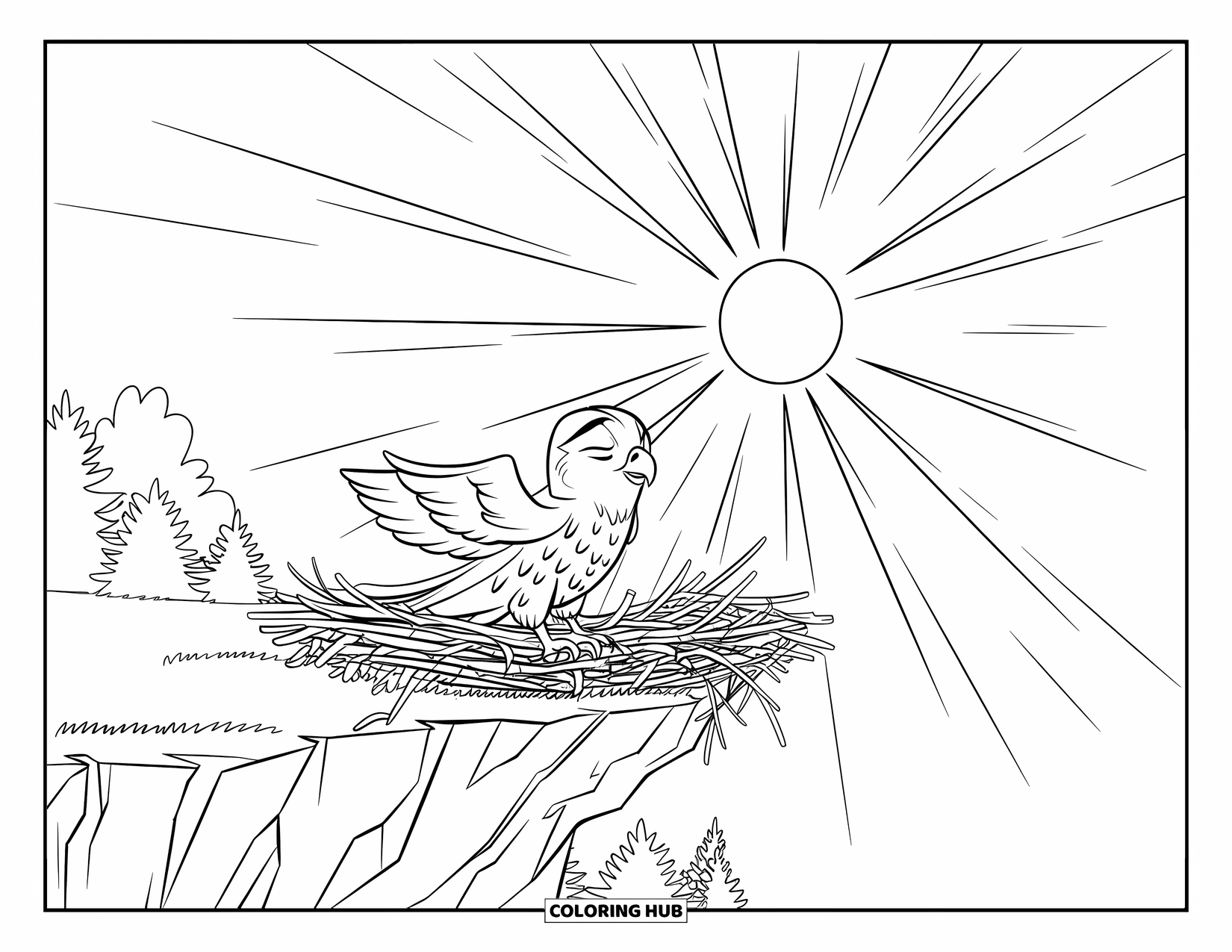 Falcon Coloring Page for Kids: Falcon perches with wings open by a nest on a bright cliffside