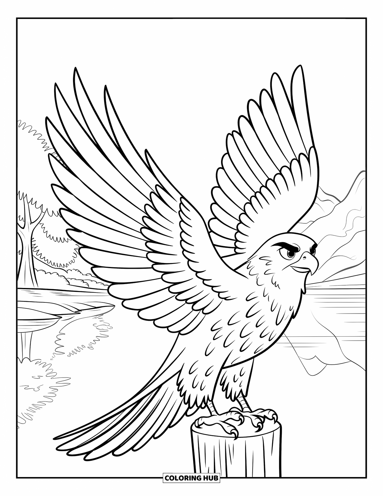 Falcon Coloring Page for Kids: Falcon rests on a post with wide wings and a calm lake view