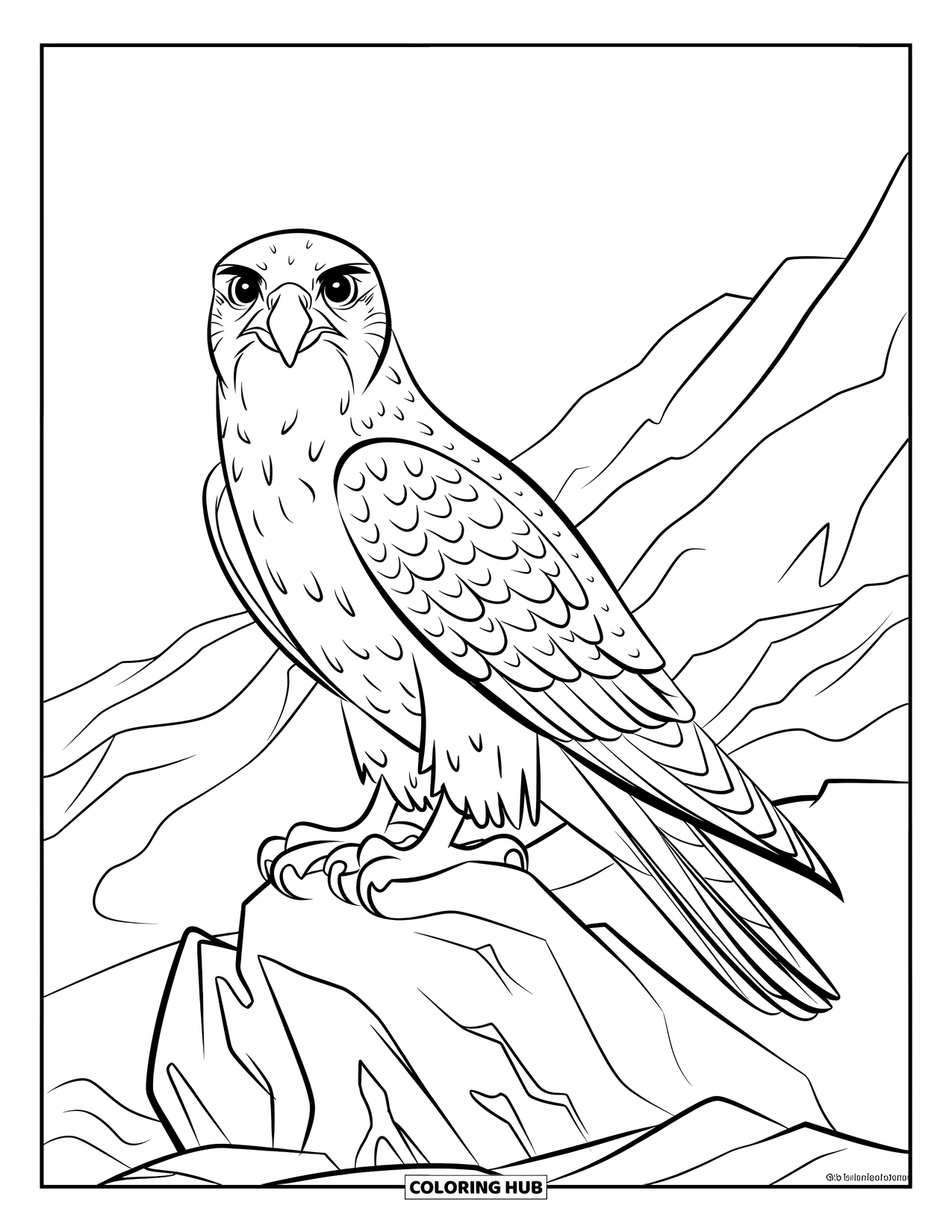 Falcon Coloring Page for Kids: Falcon sits calmly on rocky ledge surrounded by mountain ridges