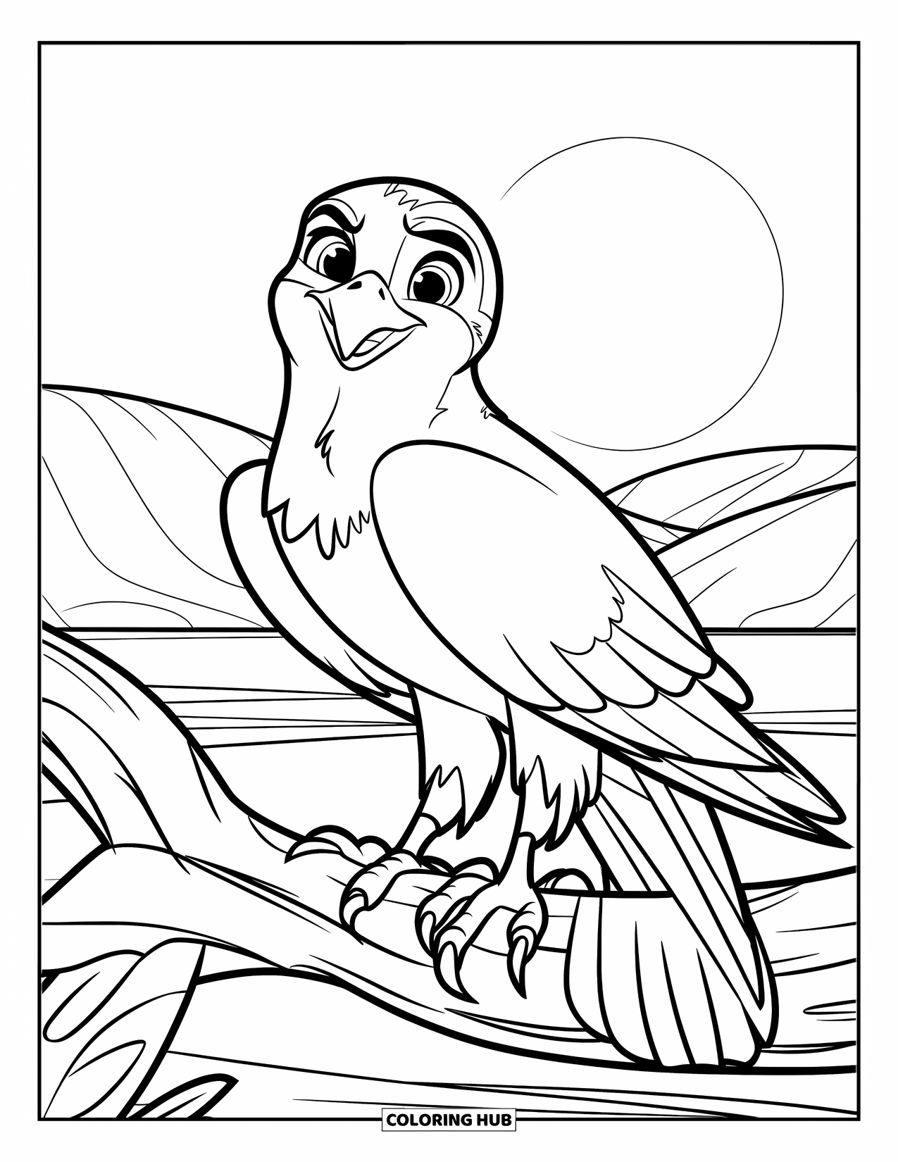 Falcon Coloring Page for Kids: Falcon sits happily on a branch with sun and hills behind