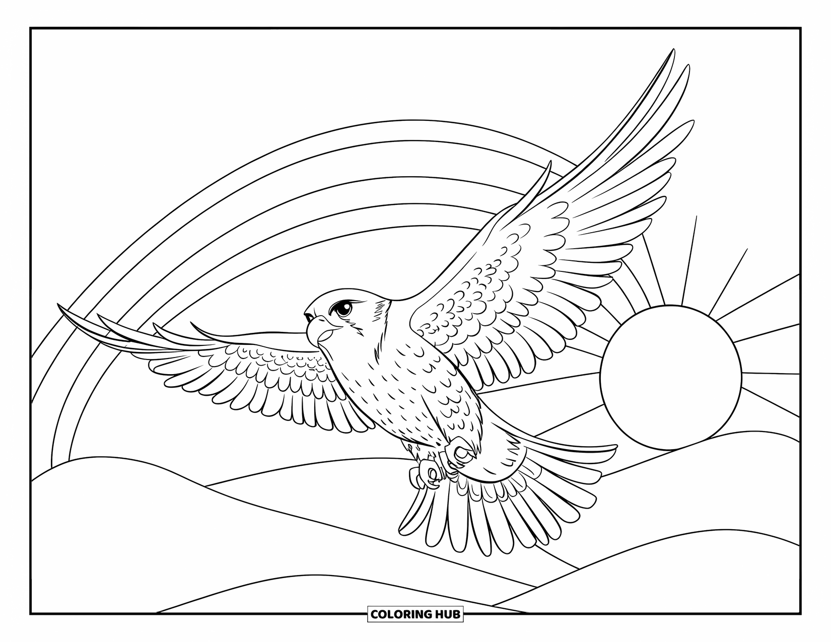 Falcon Coloring Page for Kids: Falcon soars above hills with rainbow and sun behind