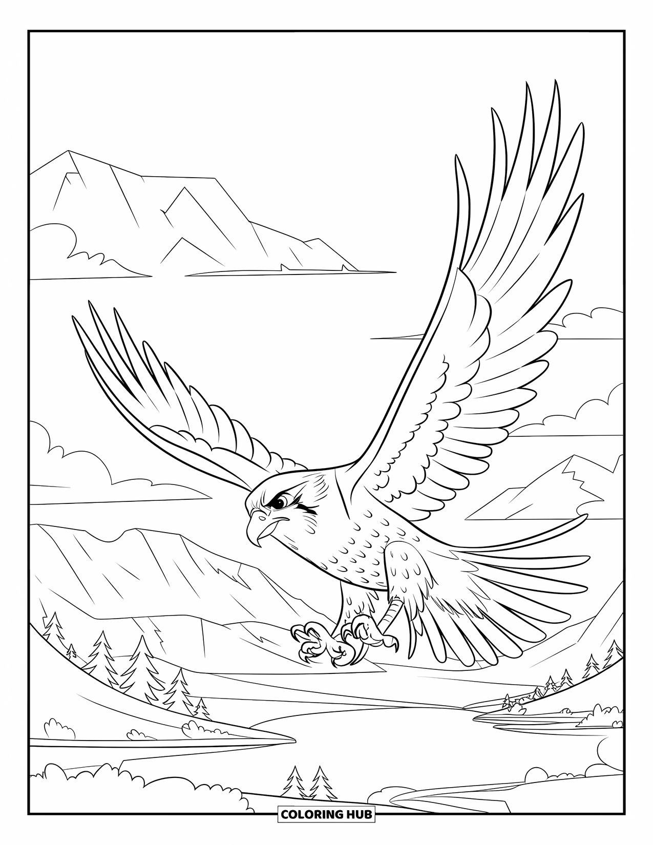 Falcon Coloring Page for Kids: Falcon swoops down fast with wings wide and sharp talons ready
