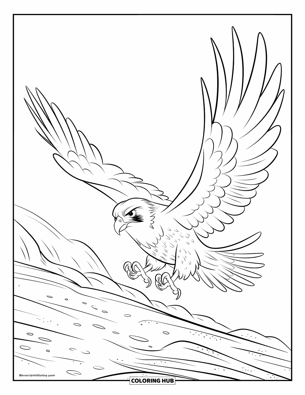 Falcon Coloring Page for Kids: Falcon swoops low with wings spread and sharp eyes