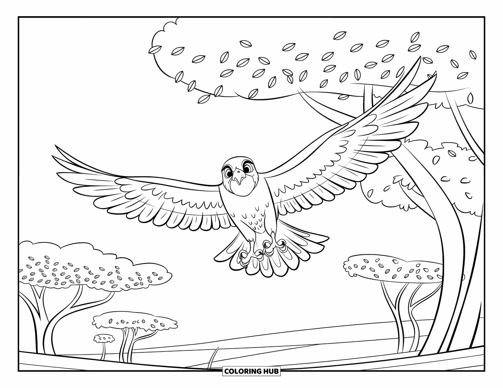 Falcon Coloring Page for Kids: Falcon with wide wings soars near trees in the wind