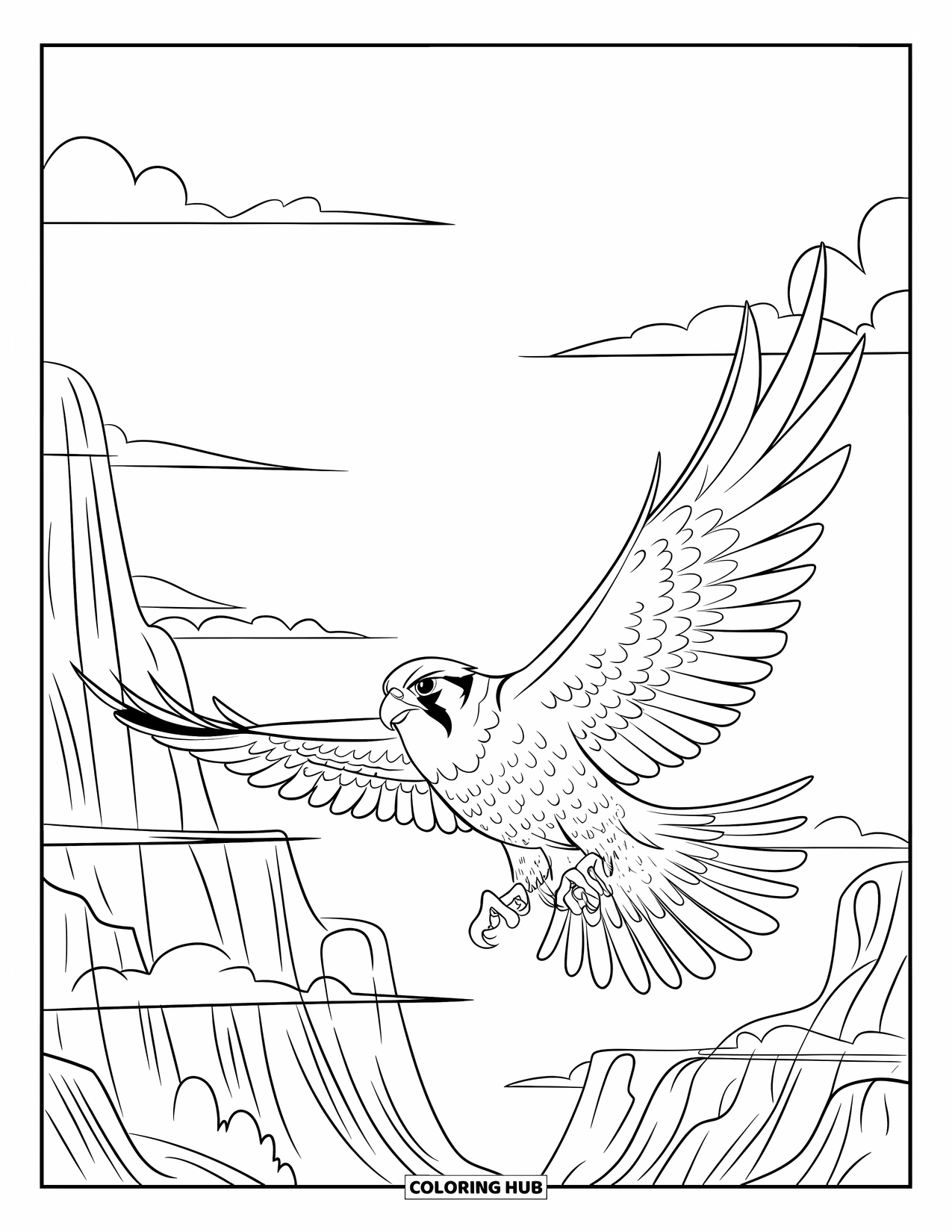 Falcon Coloring Page for Kids: Strong falcon flies through cliffs and clouds with wind sweeping behind