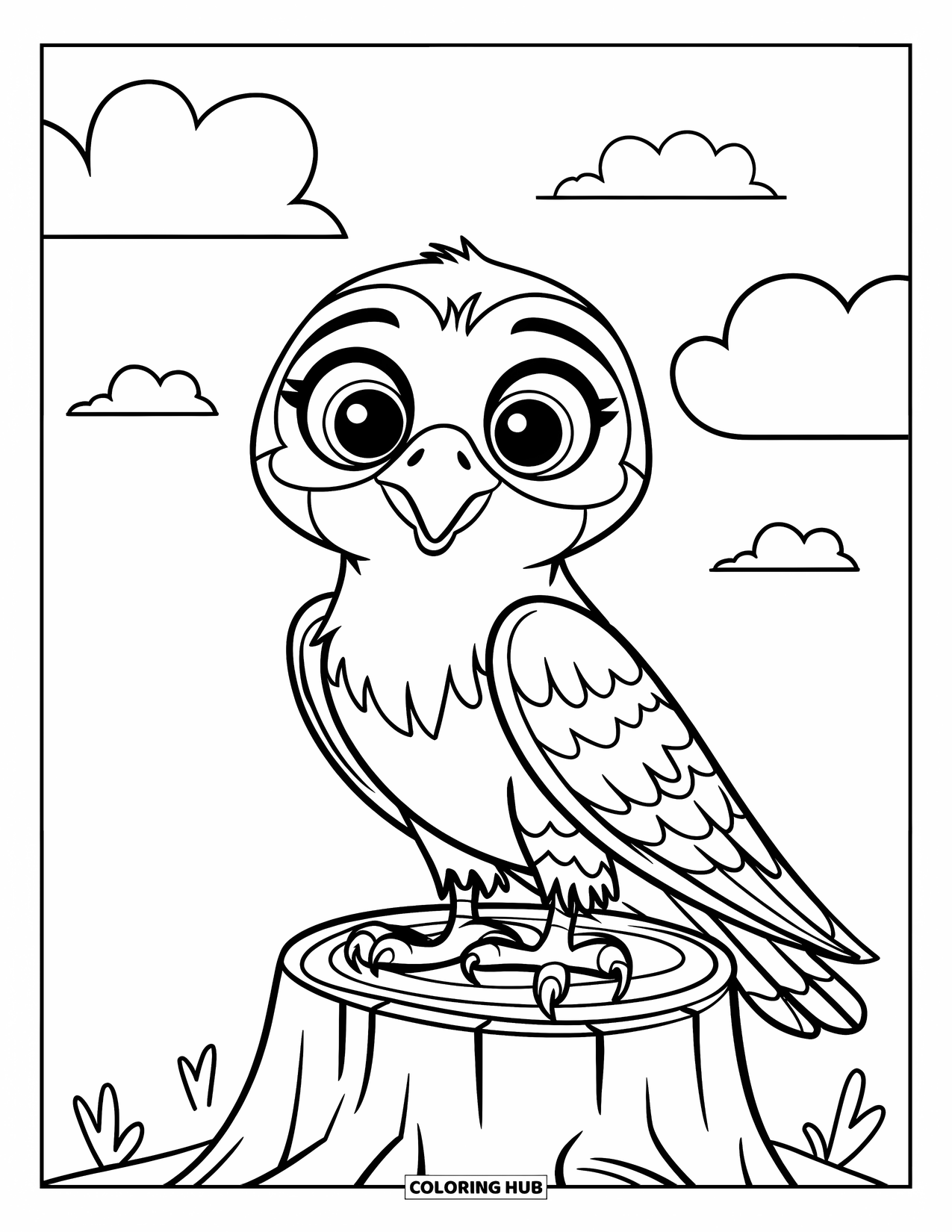 Falcon Coloring Page for Kids: Wide-eyed falcon sits on a stump beneath a clear sky