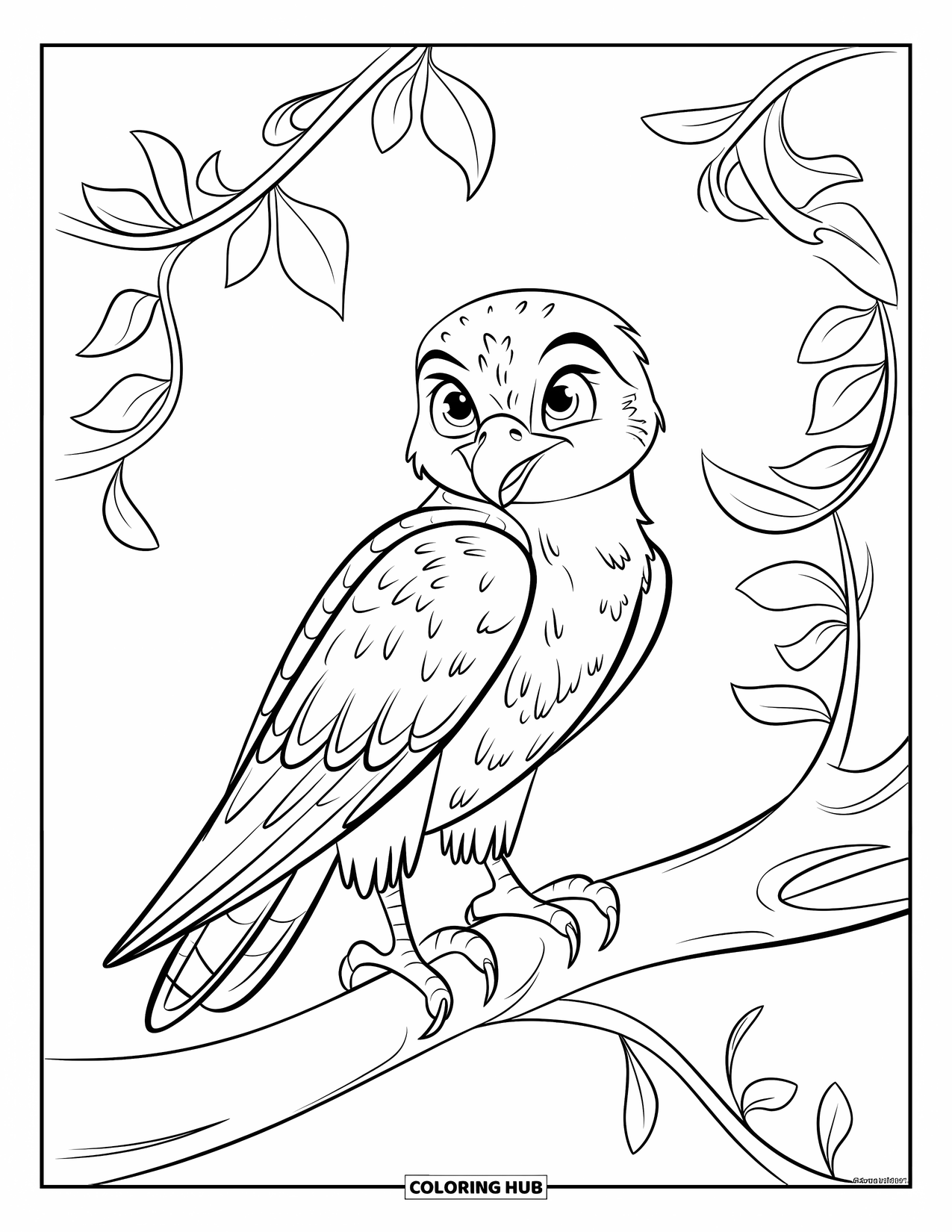 Falcon Coloring Page for Kids: Young falcon rests on a leafy vine-covered branch