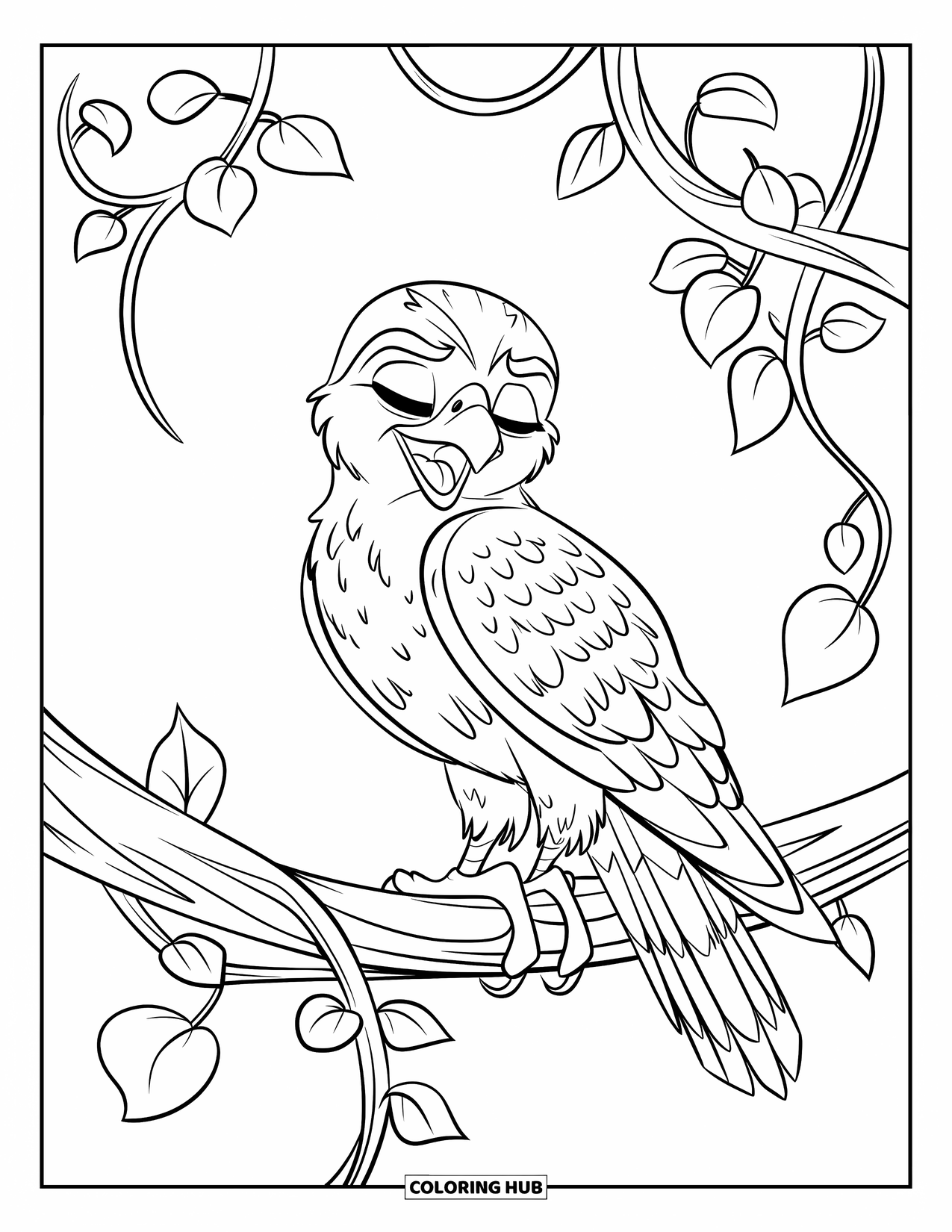 Falcon Coloring Page for Kids: Young falcon with closed eyes rests on a leafy branch