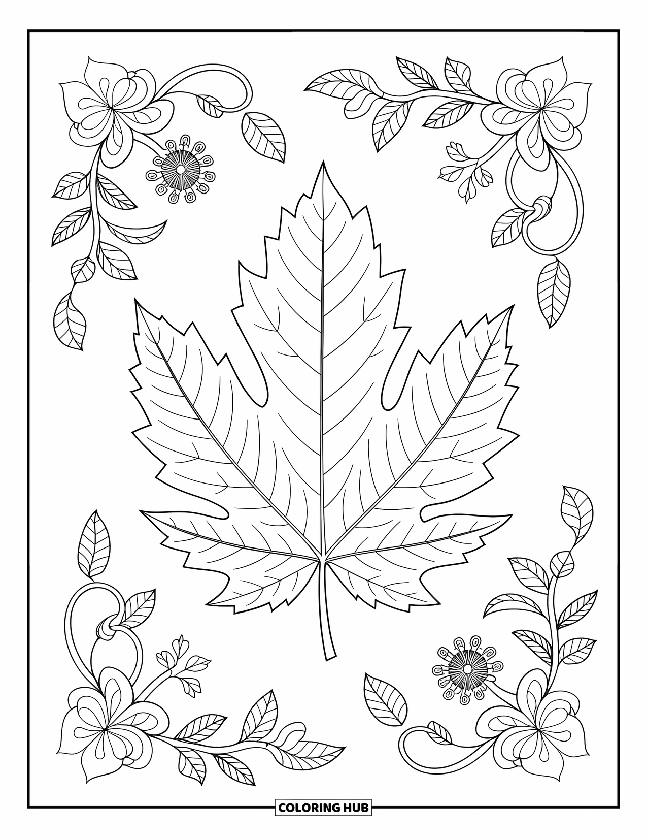 Fall Leaves Coloring Page for Adults: A bold chestnut leaf is framed by curling leaf and flower mandala patterns