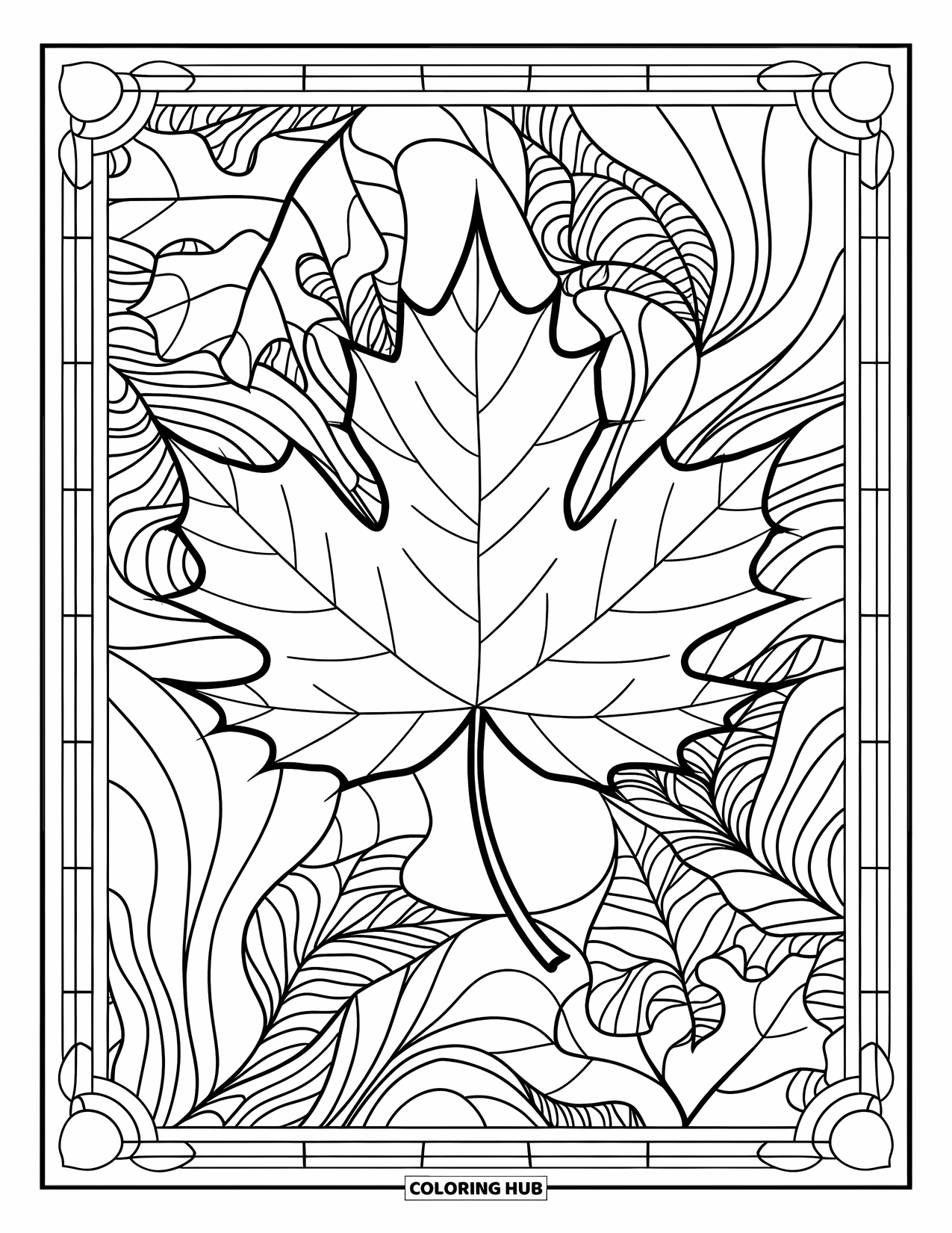 Fall Leaves Coloring Page for Adults: A bold maple leaf with veins is surrounded by patterned fall foliage in panels