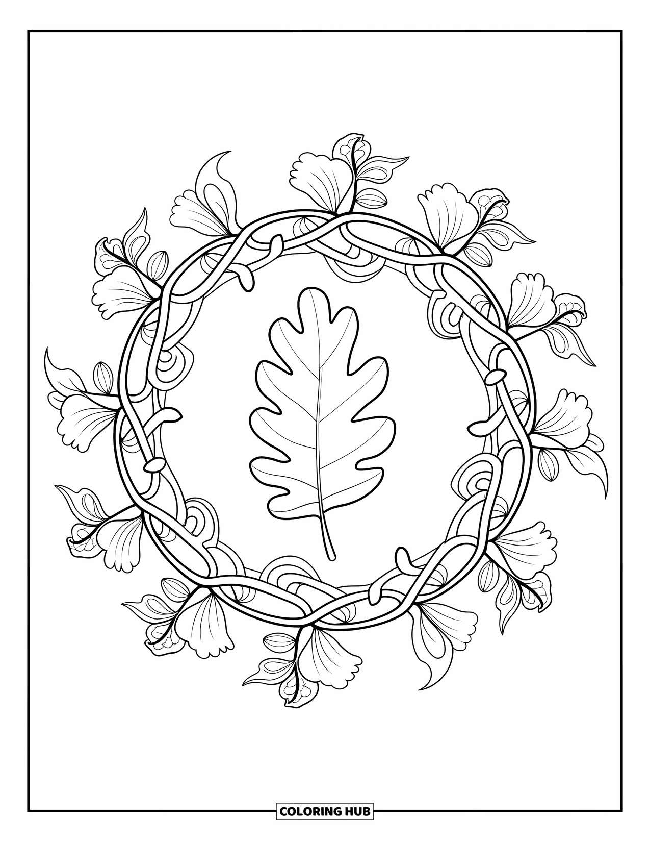 Fall Leaves Coloring Page for Adults: A bold oak leaf rests in the center of a swirling petal and vine mandala
