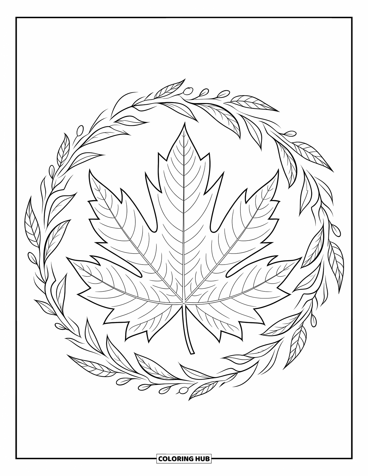 Fall Leaves Coloring Page for Adults: A chestnut leaf with a stem is surrounded by swirling botanical mandala designs