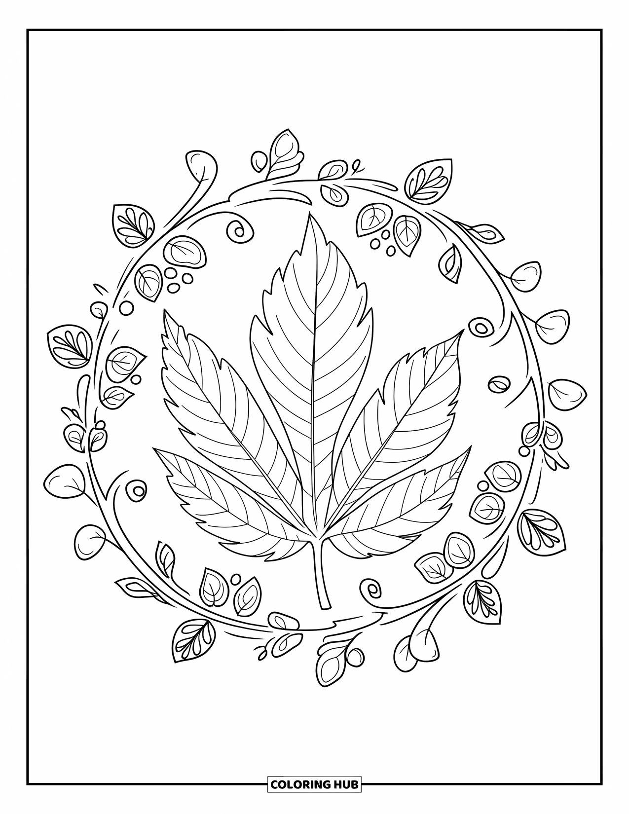 Fall Leaves Coloring Page for Adults: A chestnut leaf with veins sits inside floral and leaf mandala swirls