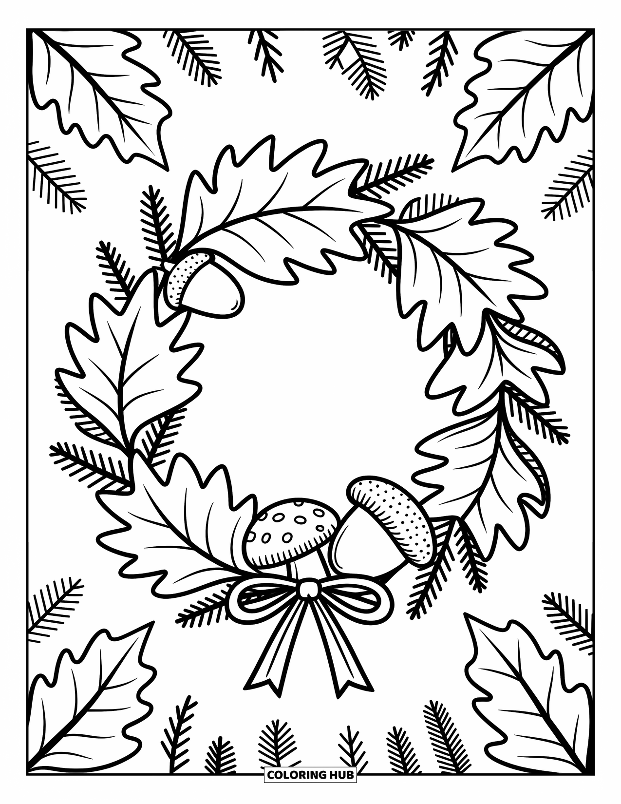 Fall Leaves Coloring Page for Adults: A circle of leaves with mushrooms, acorns, and a bow tied at the bottom
