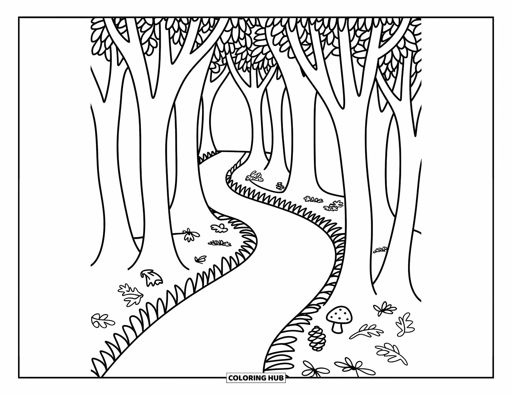 Fall Leaves Coloring Page for Adults: A cozy forest path curves between two slender trees with playful leaves and mushrooms