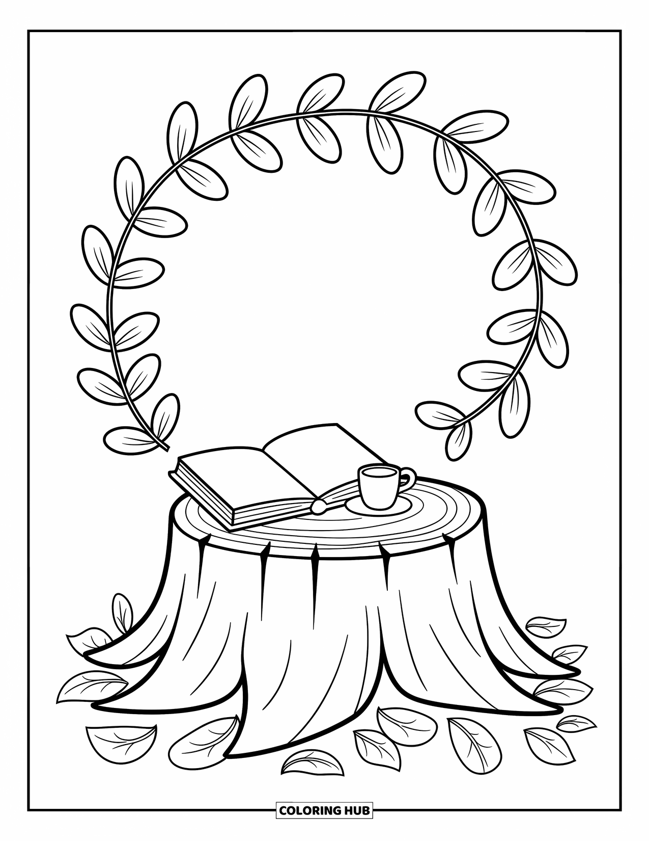 Fall Leaves Coloring Page for Adults: A cozy nook with a stump, book, and cup surrounded by swirling playful leaves
