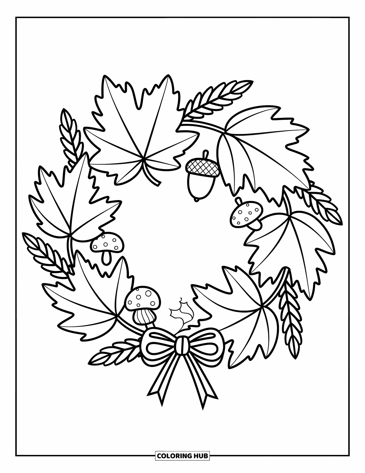 Fall Leaves Coloring Page for Adults: A leafy wreath with acorns, mushrooms, and a tiny bow tied sweetly at the bottom