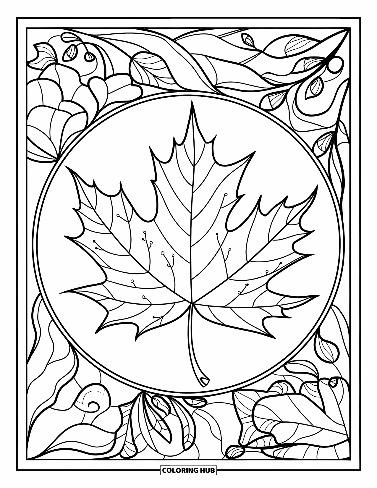Fall Leaves Coloring Page for Adults: A maple leaf is framed by stained-glass panels with abstract leafy patterns