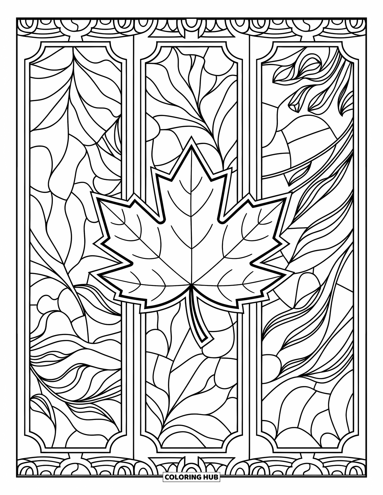 Fall Leaves Coloring Page for Adults: A maple leaf rests in stained-glass style panels filled with fall foliage shapes