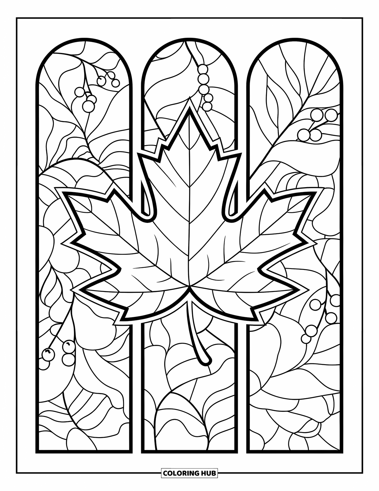 Fall Leaves Coloring Page for Adults: A patterned maple leaf is enclosed by stained-glass panels with leaves and berries