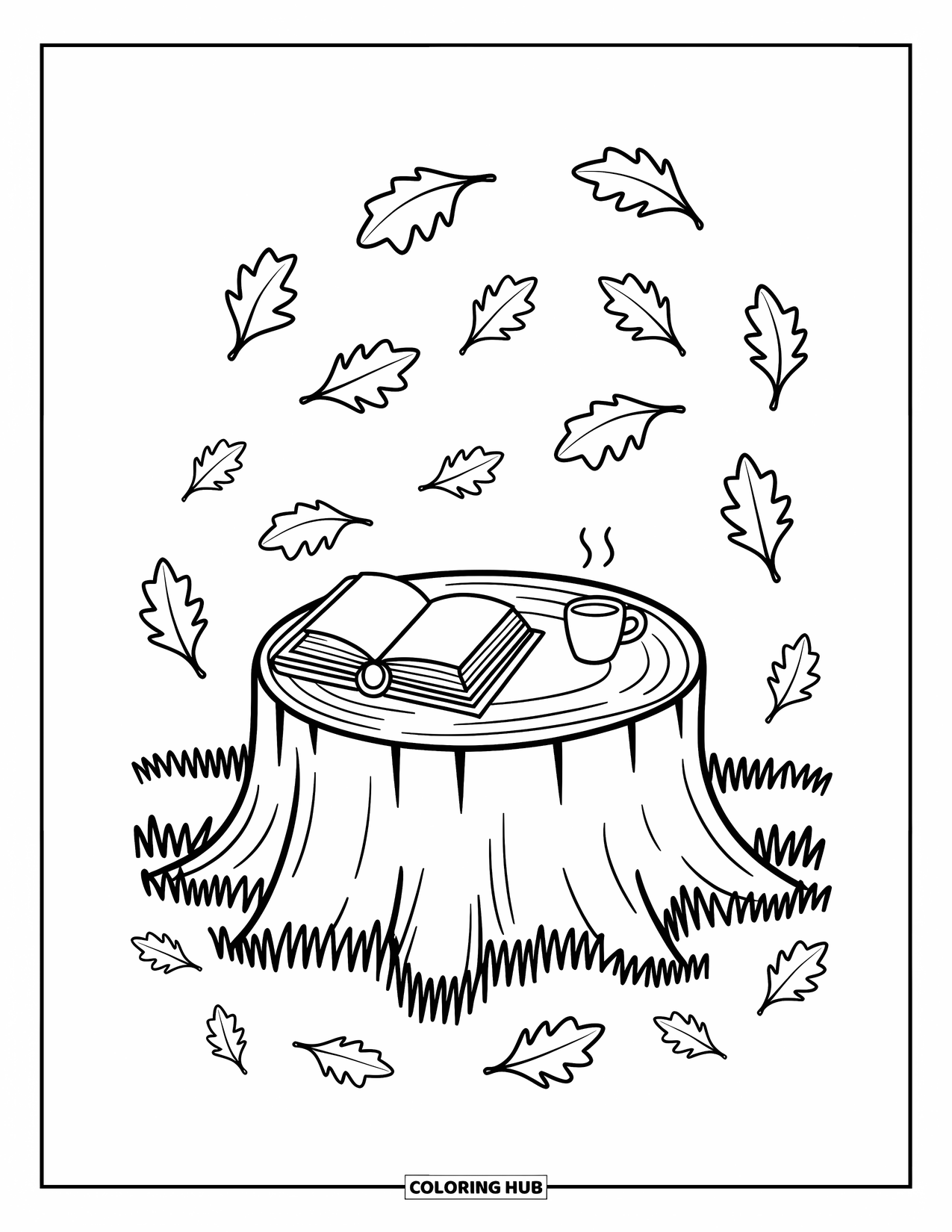 Fall Leaves Coloring Page for Adults: A round tree stump holds a book and cup as swirling leaves dance around it