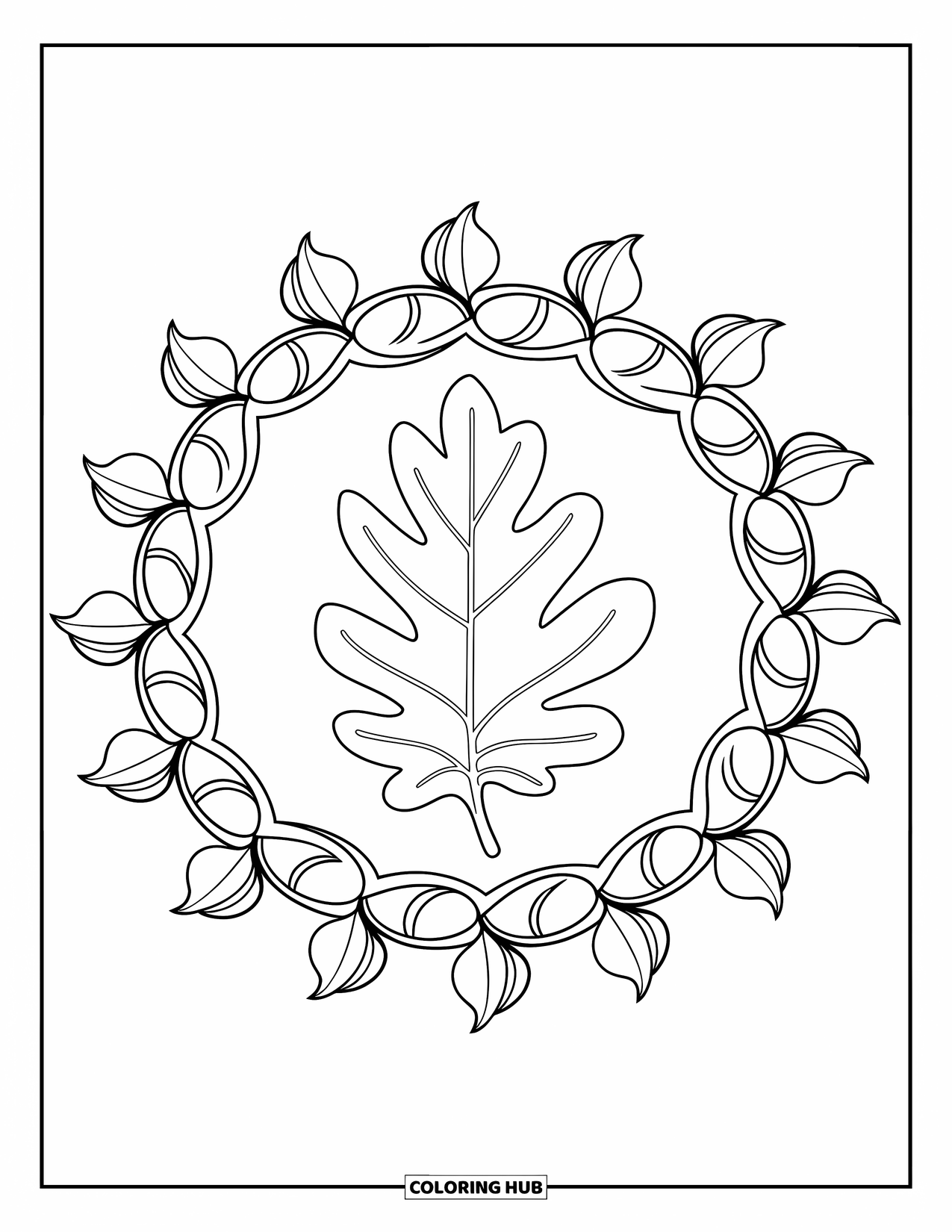 Fall Leaves Coloring Page for Adults: A single oak leaf is encircled by a mandala made of vines and soft petals