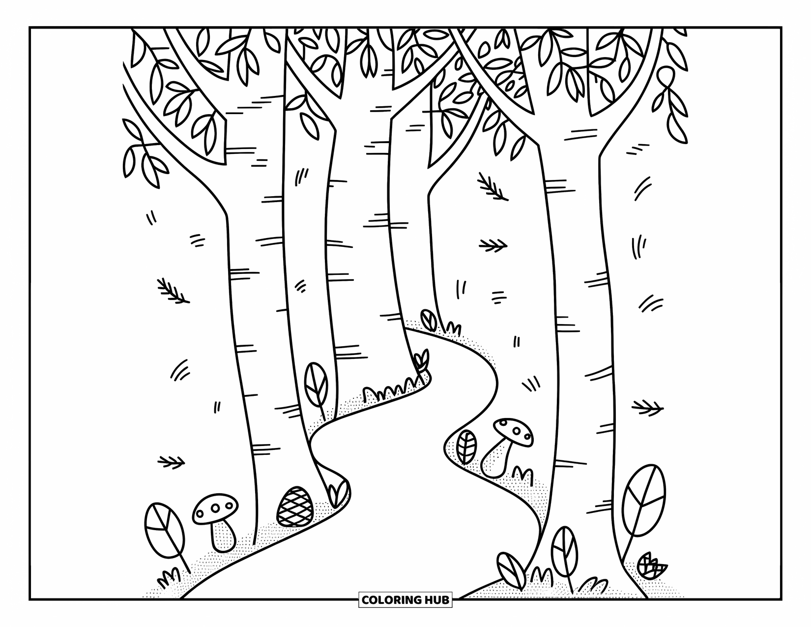 Fall Leaves Coloring Page for Adults: A woodland tunnel with arched trees and whimsical forest details like mushrooms and twigs