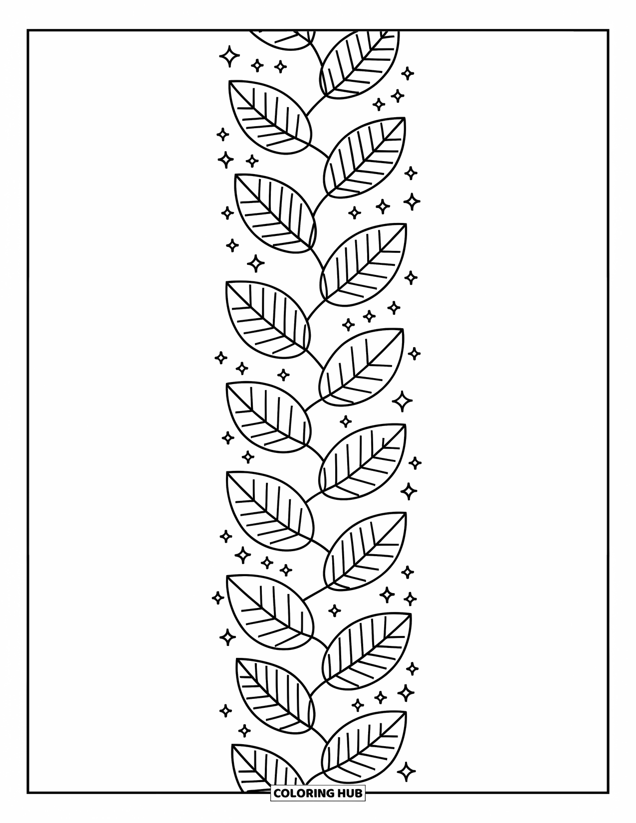 Fall Leaves Coloring Page for Adults: A zigzag line of falling leaves swirls with sparkles and wind in a gentle flow