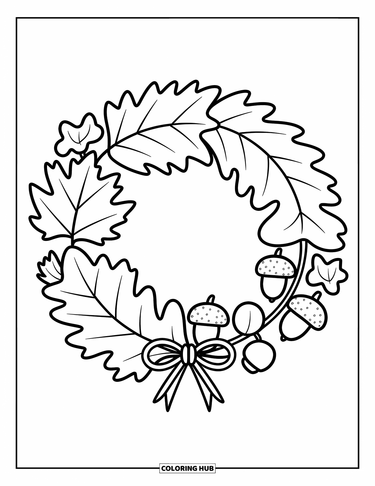 Fall Leaves Coloring Page for Adults: Cute leaves and mushrooms weave into a wreath with a tiny bow and cozy charm