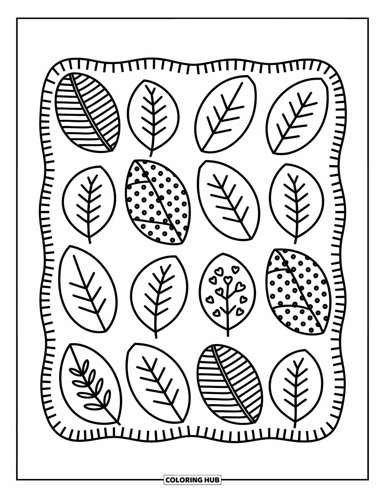 Fall Leaves Coloring Page for Adults: Leafy patches with dots, hearts, and faux stitches form a cute handmade forest quilt