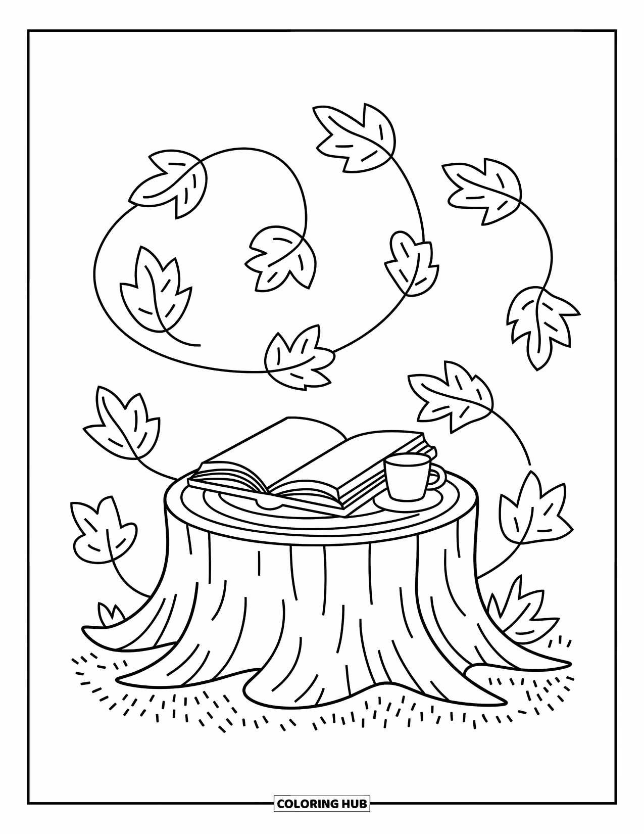 Fall Leaves Coloring Page for Adults: Leaves swirl gently around a tree stump with a book and a cozy little cup