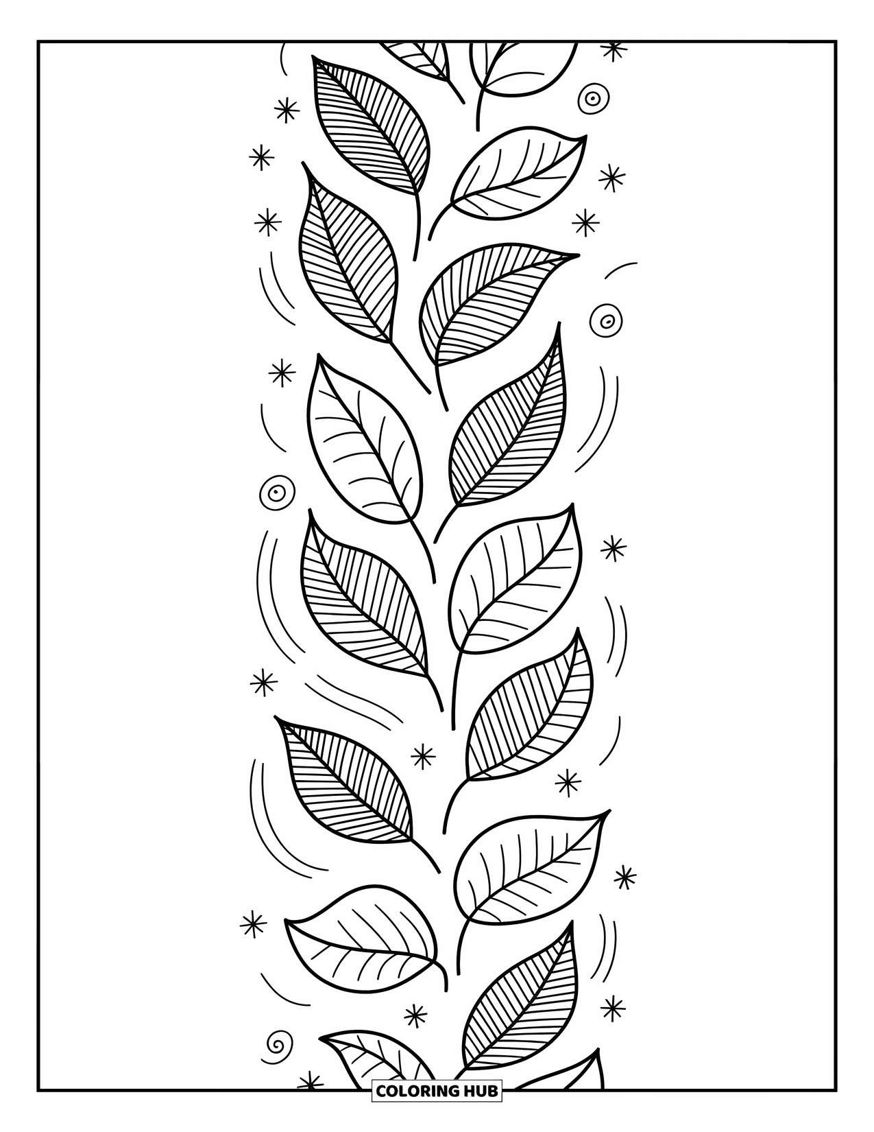 Fall Leaves Coloring Page for Adults: Leaves twirl gently in a zigzag with wind lines, sparkles, and a peaceful floating feel
