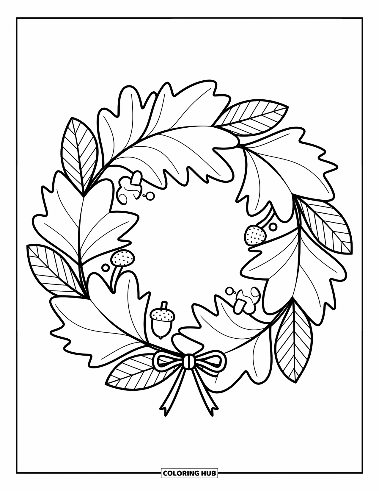 Fall Leaves Coloring Page for Adults: Maple, birch, and ginkgo leaves form a wreath with cute acorns and a small bow