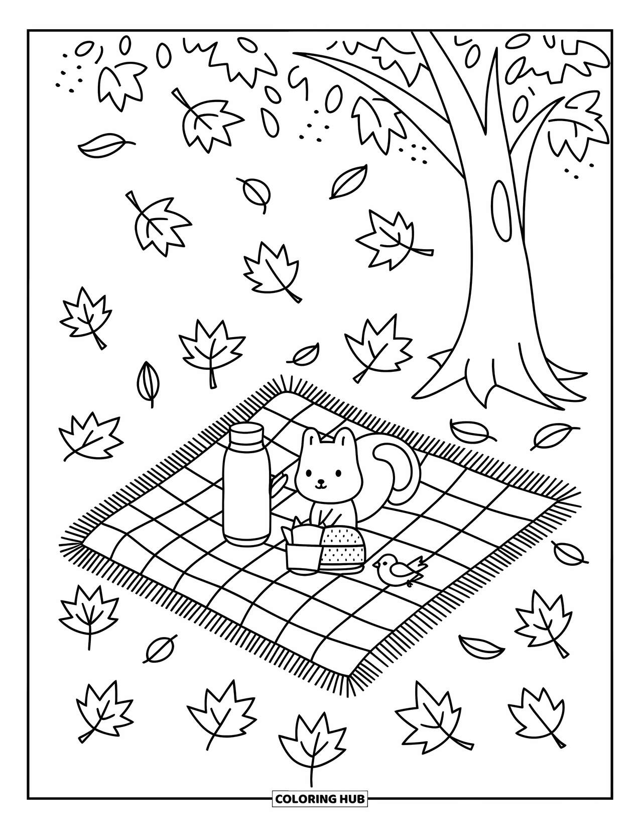 Fall Leaves Coloring Page for Adults: Under a leafy shower, a squirrel and bird sit beside snacks on a cozy blanket
